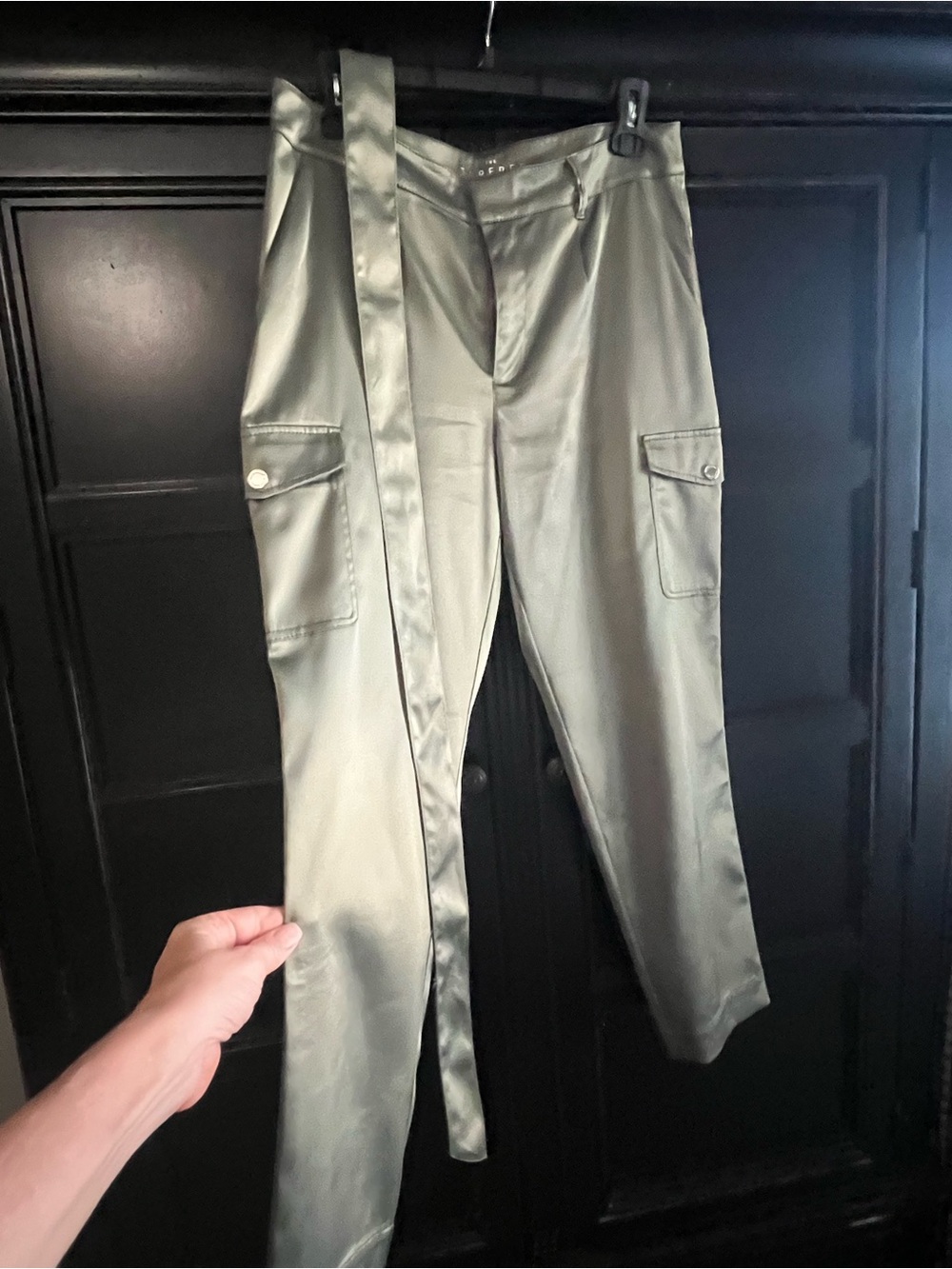 White House/Black Market Olive Satin Cargo Tapered Pants with Waist Tie